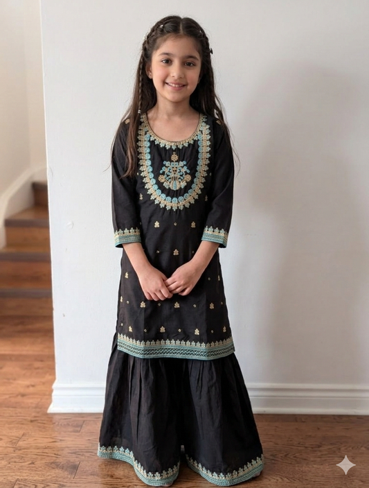 Girls cotton black embroidered kurta with matching gharara
