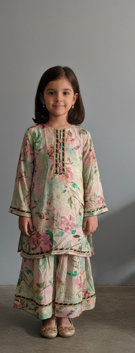 Girls linen floral printe frshi shelwar article with gold trimmed accents