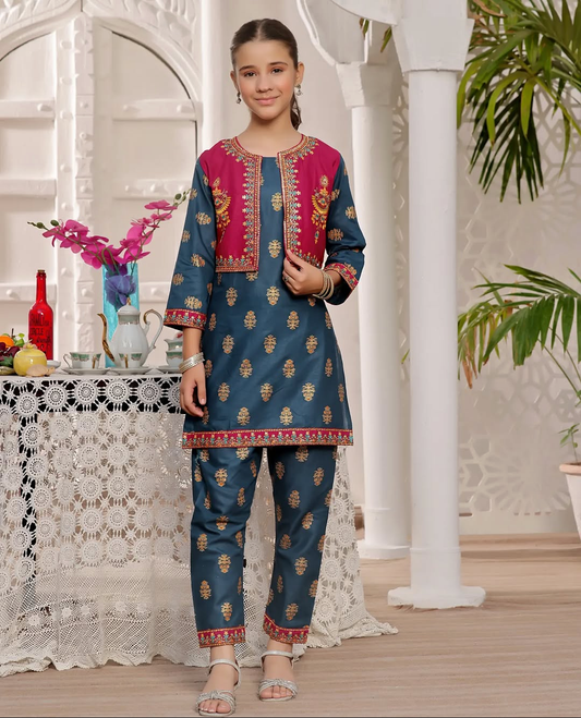 Girls royal blue kurta trouser with fully embroidered waistcoat