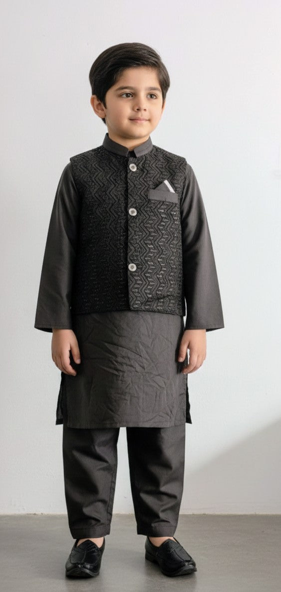 Boys black kurta pajama with matching sequences work waistcoat