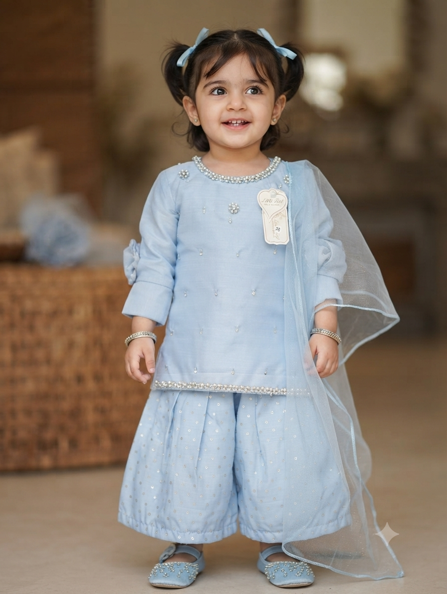 Girls light blue Three piece gharara set with matching bags