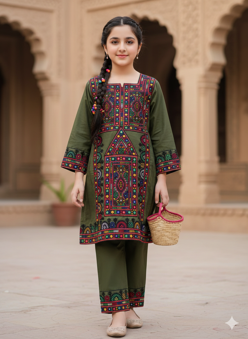 Girls shafoon fully embroidered airline shirt with matching pants
