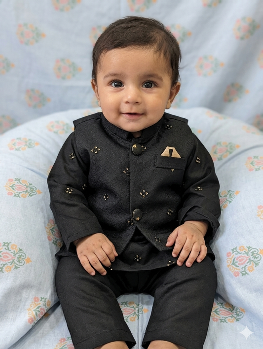 Infant black traditional  embroidered waistcoat, a matching  kurta, and coordinating pants,
