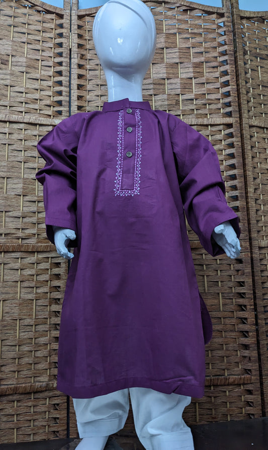 Boys purple embroidered cotton kurta with white trouser