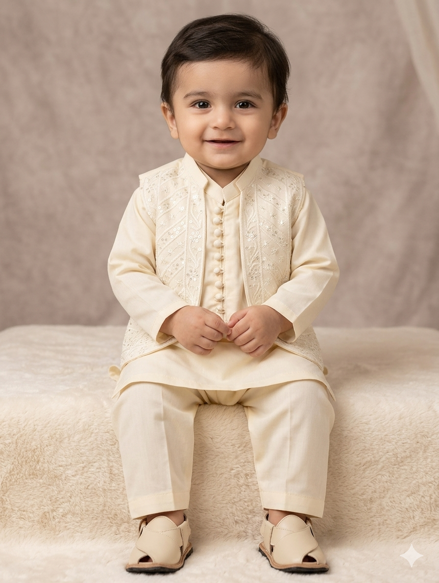 Boys cream cotton kurta pyajama with sequence work matching waistcoat
