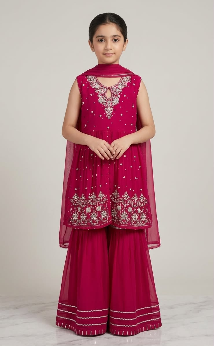 Girls magenta front-open chiffon frock featuring intricate hand embroidery, paired with a matching gharara accented by gotta lace trim and a coordinating chiffon dupatta.