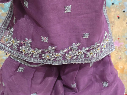 Girls Mauve Embroidered 3-Piece Set: Organza kurta with a pearl-beaded yoke, matching embroidered gharara  and a lightweight dupatta.