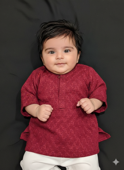 Boys' maroon chickenkari kurta with white pyjama
