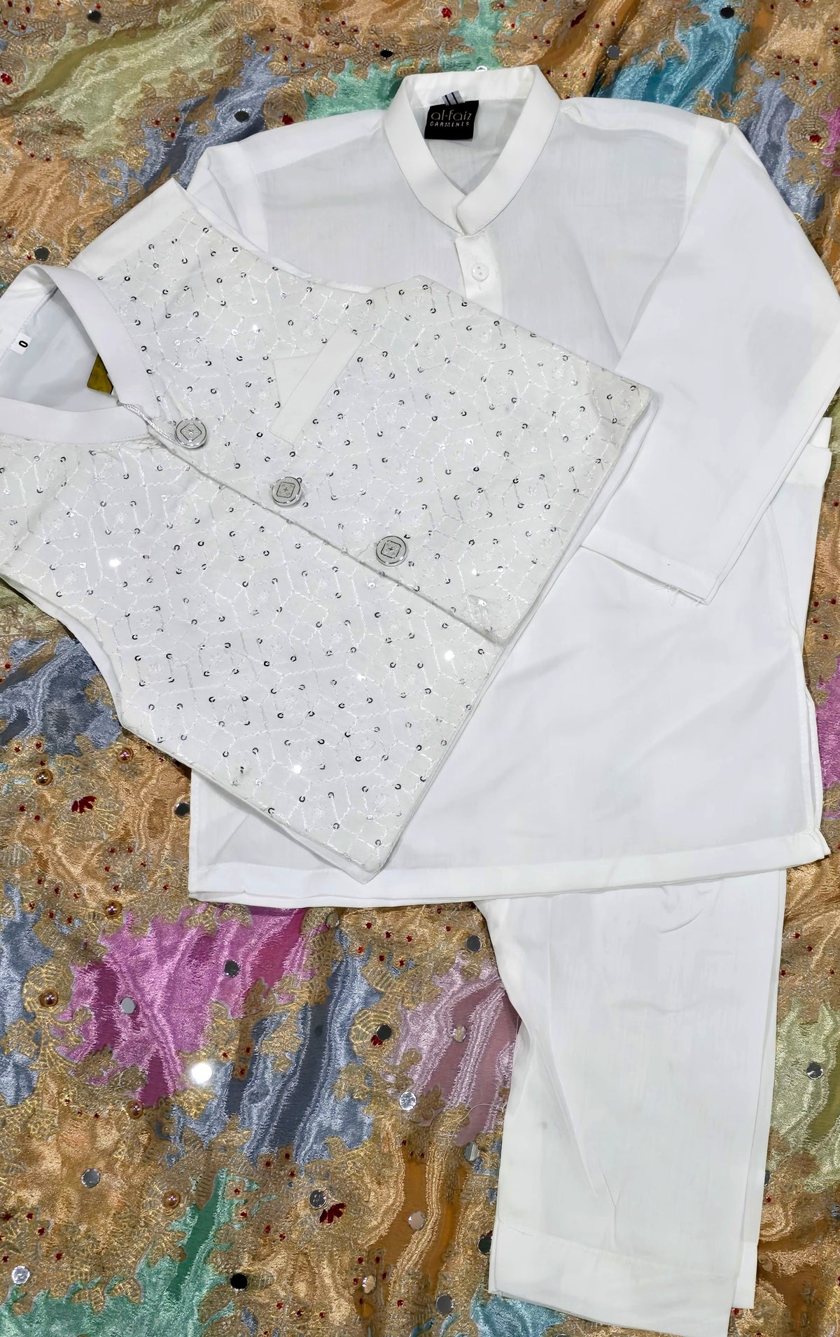 Infant white cotton kurta pyjama with embroidered Waistcoat