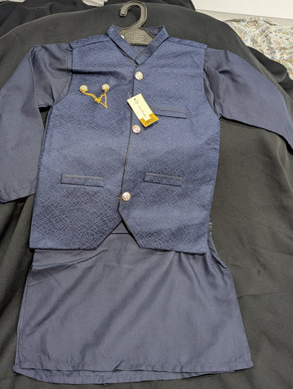 Boys' dusty blue kurta pajama set with a patterned waistcoat.