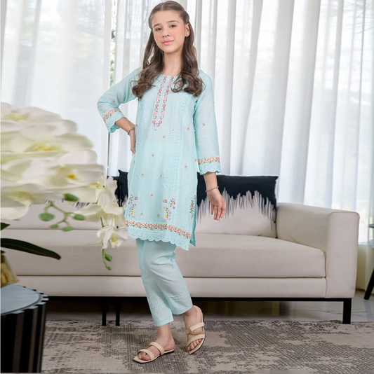 Girls light turquoise fully embroidered lawn kurta with matching trouser