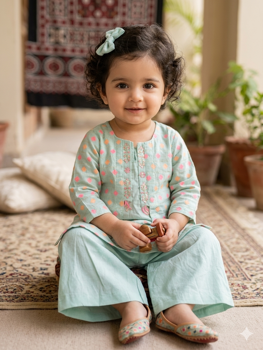 Girls mint green ethnic outfit featuring a diamond-patterned embroidered top with embellishments along the placket, paired with matching wide-leg trousers.