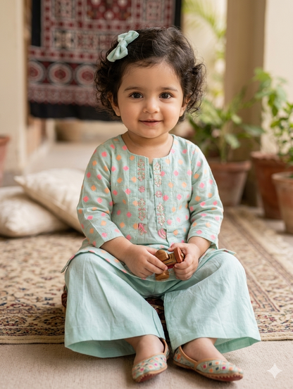 Girls mint green ethnic outfit featuring a diamond-patterned embroidered top with embellishments along the placket, paired with matching wide-leg trousers.