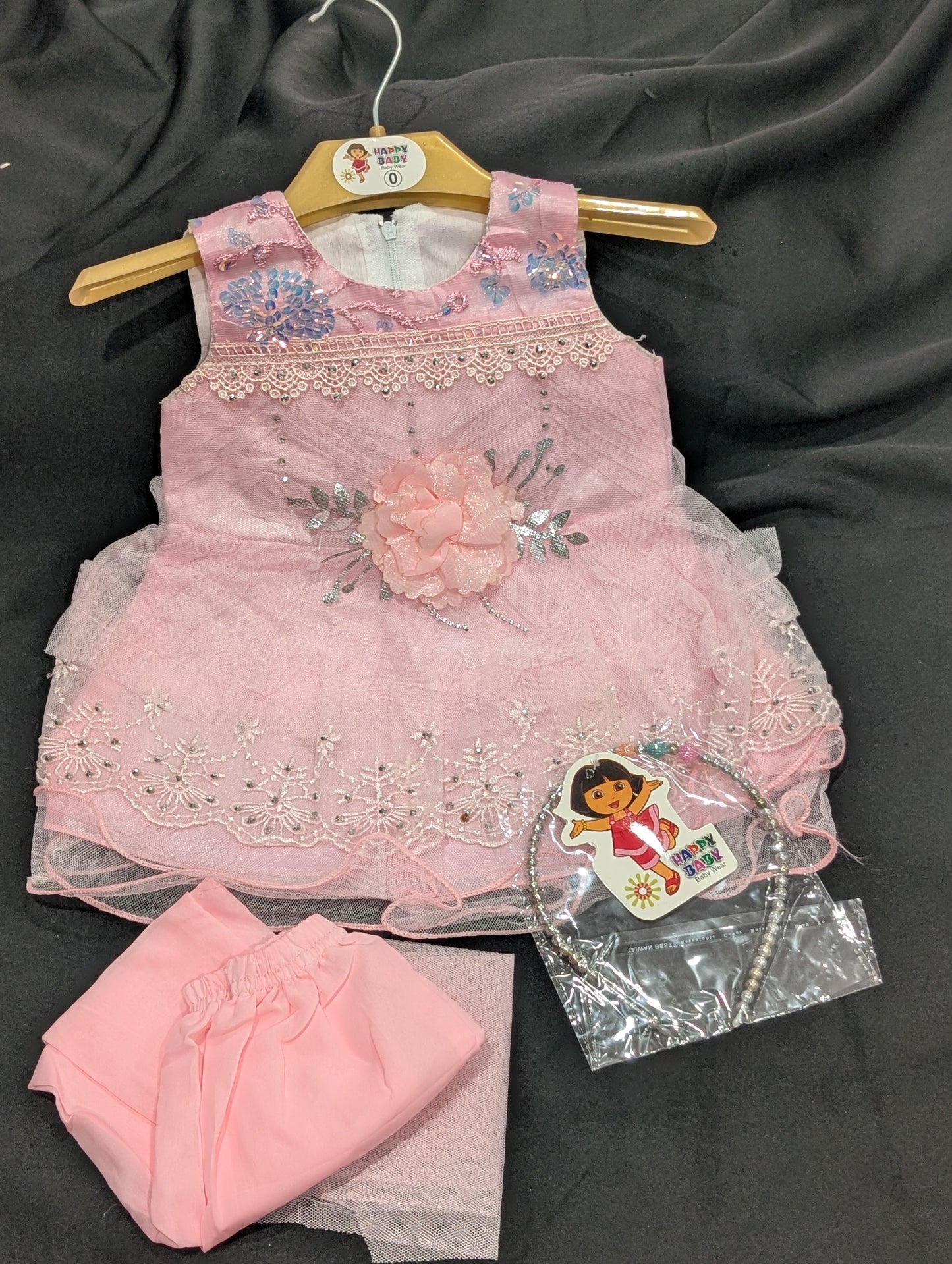 Baby girl's fancy frock with matching pants and headbands (available in four colors)