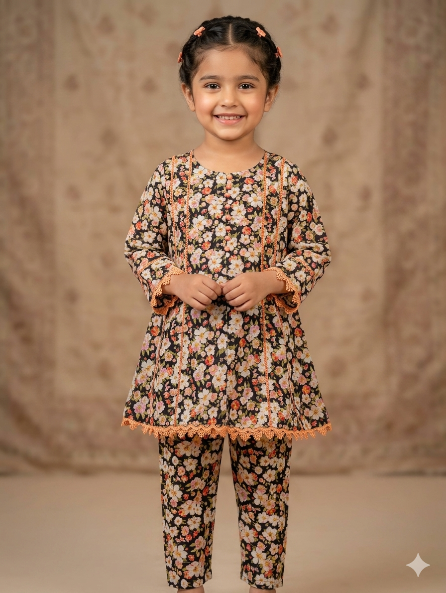 Girls black floral-print cord set featuring an A-line tunic with orange lace trim details and matching straight trousers.(Binsaeed kids collection)