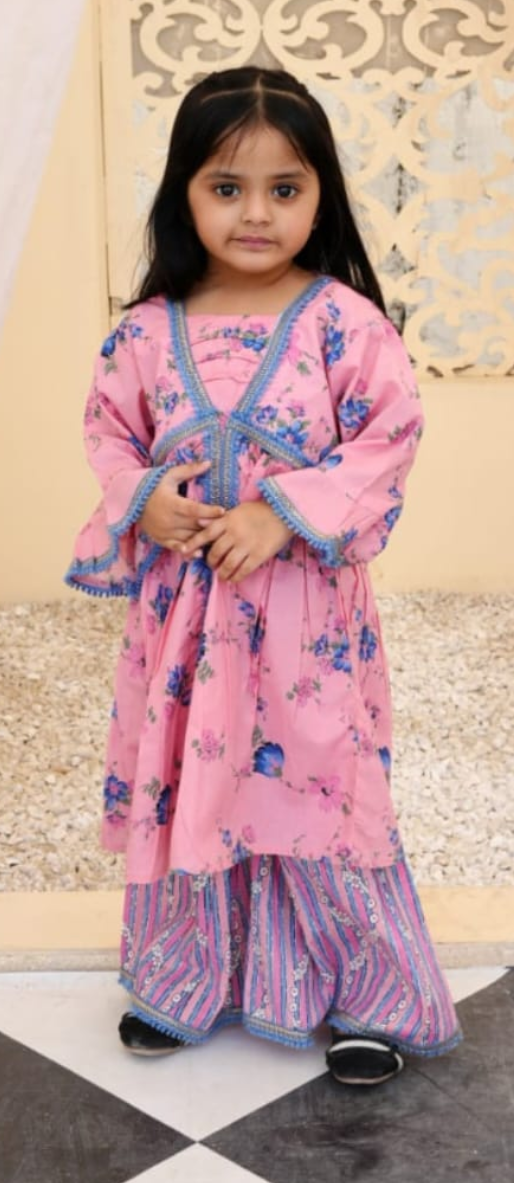 Girls cotton lawn pink frock with mix and match purple gharara