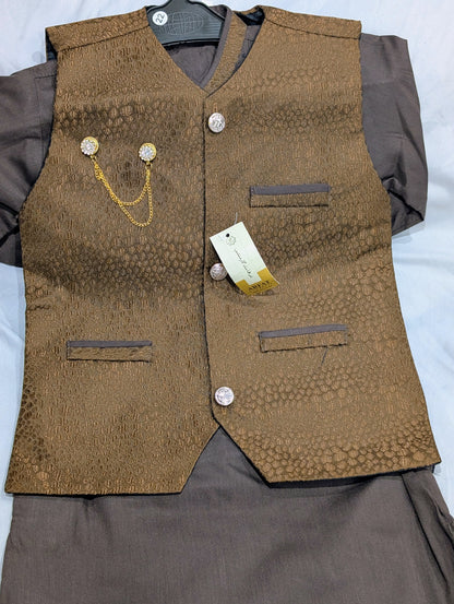 Boys' chocolate brown kurta pajama set with a jamawar waistcoat