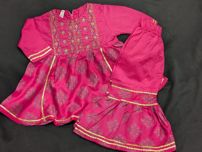 Girls' cotton self-printed embroidered and gotta work frocks and gharara sets (available in two colors).