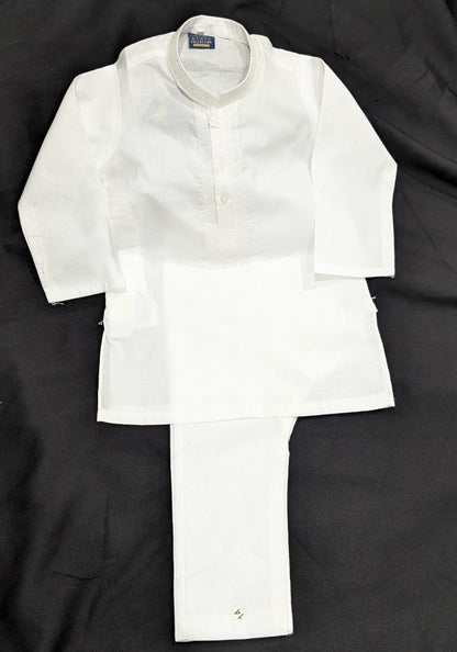 White neck embroidered cotton kurta and pajama set