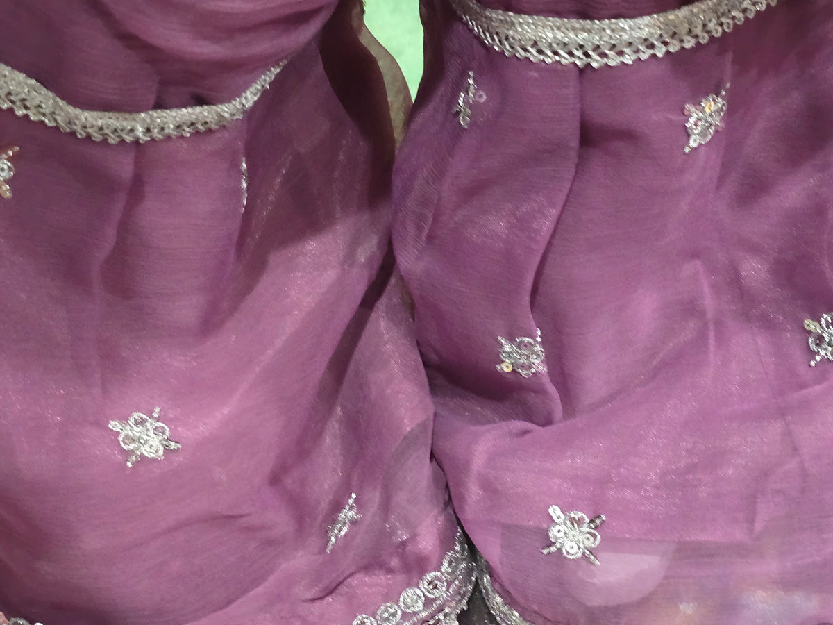 Girls Mauve Embroidered 3-Piece Set: Organza kurta with a pearl-beaded yoke, matching embroidered gharara  and a lightweight dupatta.