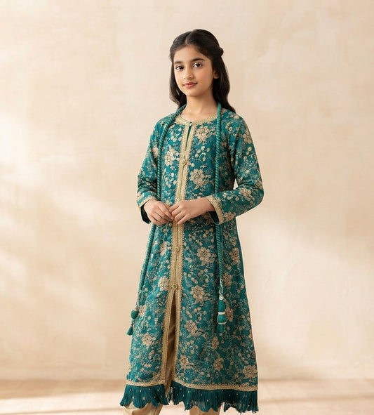 Girls fully embroidered gown  paired with golden trousers and a matching chun dupatta.