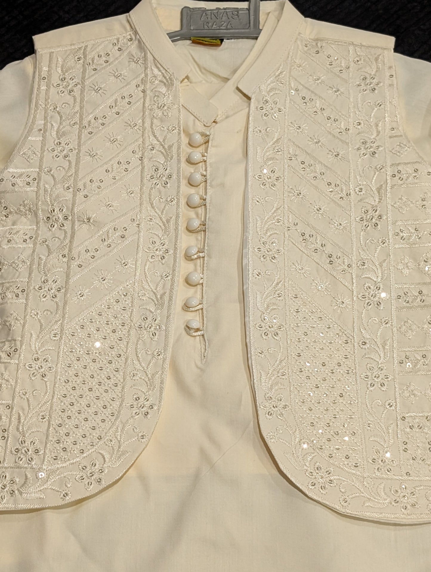 Boys cream cotton kurta pyajama with sequence work matching waistcoat