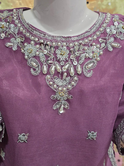 Girls Mauve Embroidered 3-Piece Set: Organza kurta with a pearl-beaded yoke, matching embroidered gharara  and a lightweight dupatta.