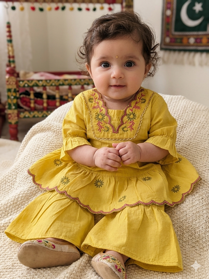 Infant cotton embroidered yellow frock with gharara style pants