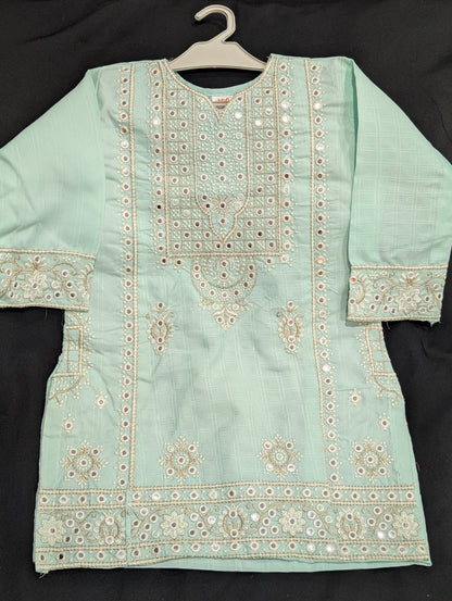 Girls' cotton dress with full mirror work embroidery and matching pants.