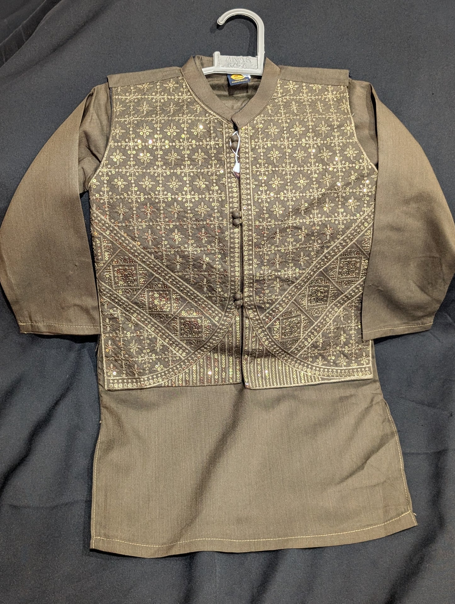 Olive brown kurta pyjama set with a sequence work waistcoat