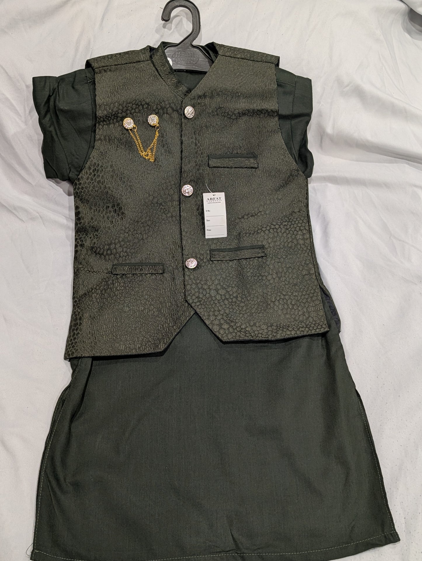 Boys' bottle green kurta pyjama set with a jamawar waistcoat