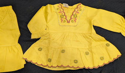 Infant cotton embroidered yellow frock with gharara style pants