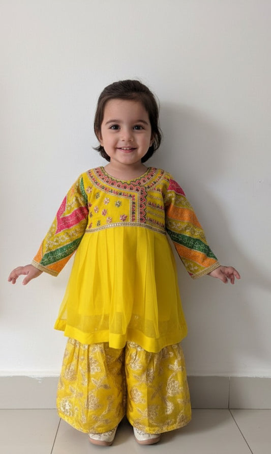 Girls shafoon embroidered frocks with matching gharara