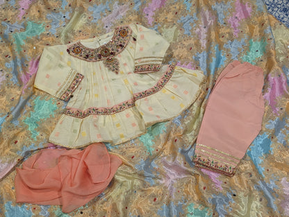 Festive Ivory & Peach Embroidered Peplum Kurti with pants