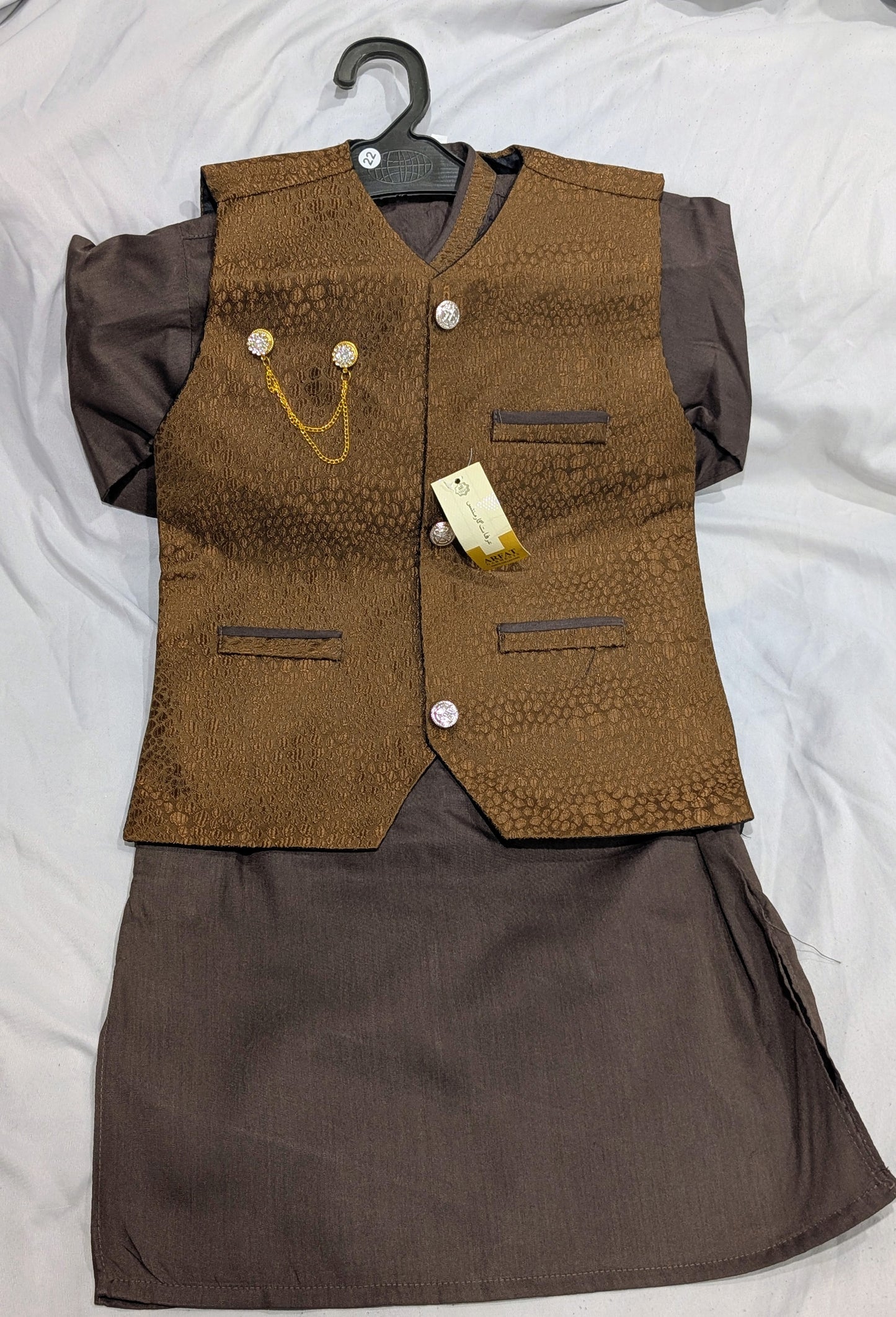 Boys' chocolate brown kurta pajama set with a jamawar waistcoat