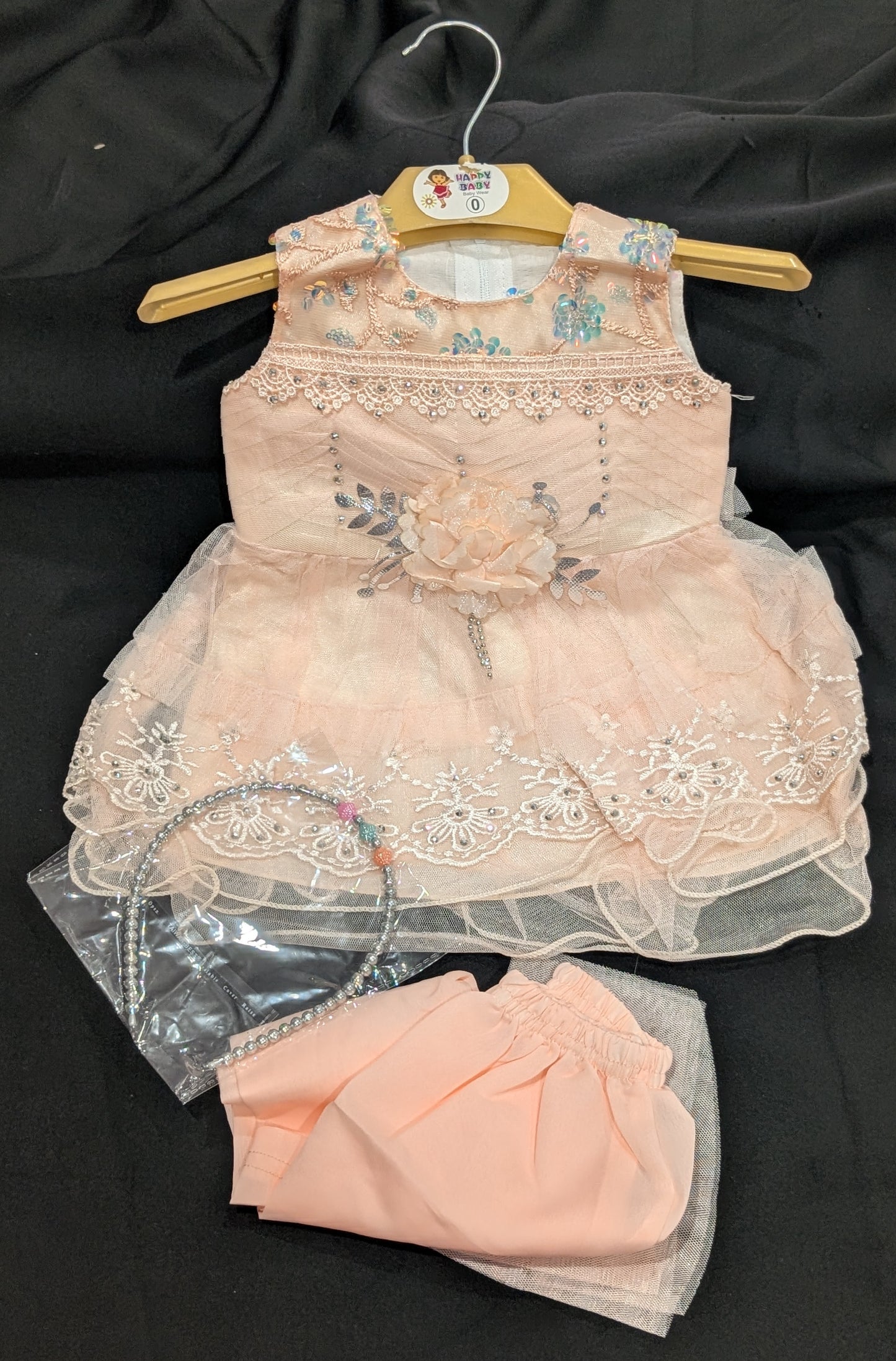 Baby girl's fancy frock with matching pants and headbands (available in four colors)