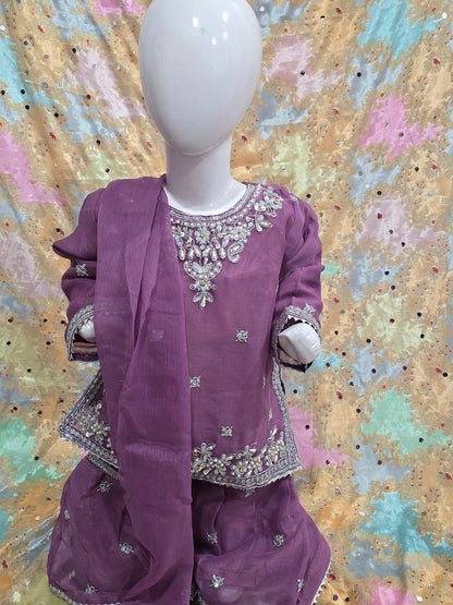 Girls Mauve Embroidered 3-Piece Set: Organza kurta with a pearl-beaded yoke, matching embroidered gharara  and a lightweight dupatta.
