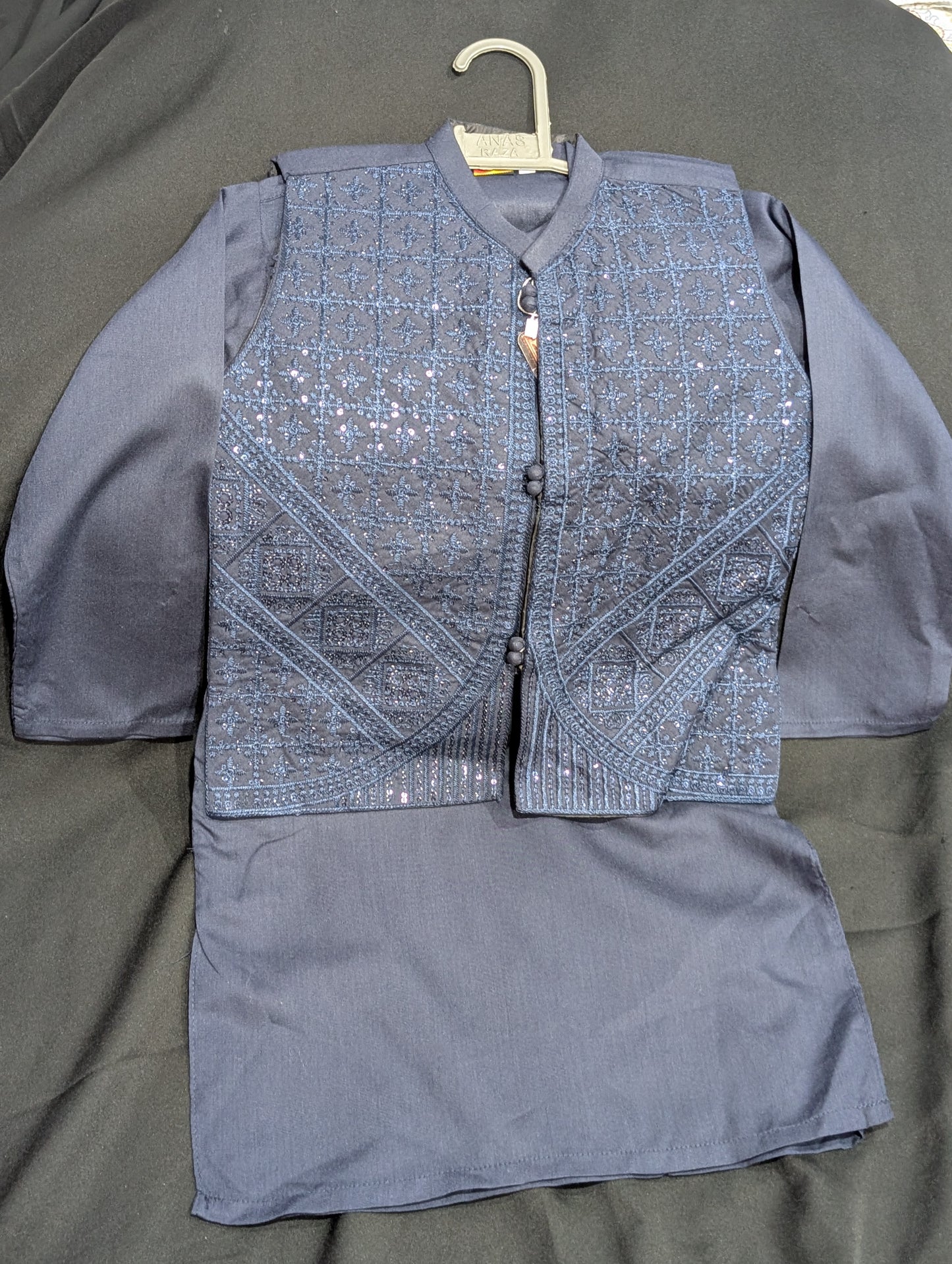 Boys' dusty blue kurta pyjama with a sequence work waistcoat