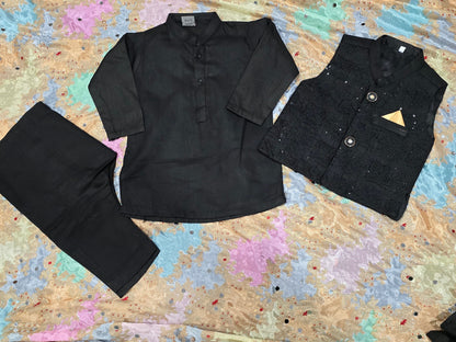 Infant black cotton kurta pyjama with embroidered Waistcoat