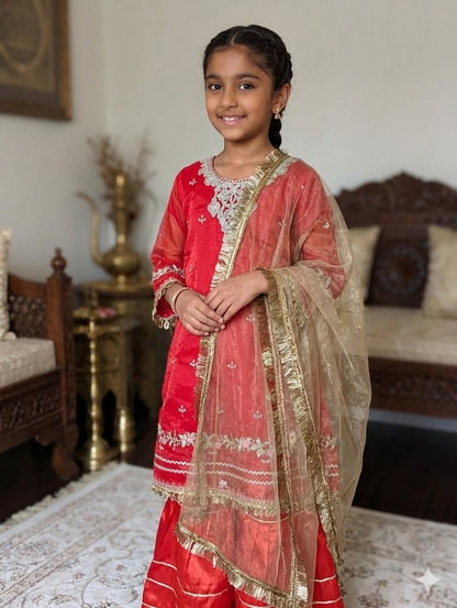 Girls vibrant red embroidered organza long frock with straight silk trouser and gold net duapatta