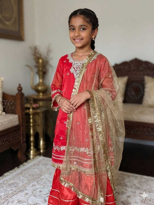 Girls vibrant red embroidered organza long frock with straight silk trouser and gold net duapatta