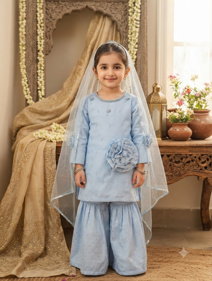 Girls light blue Three piece gharara set with matching bags
