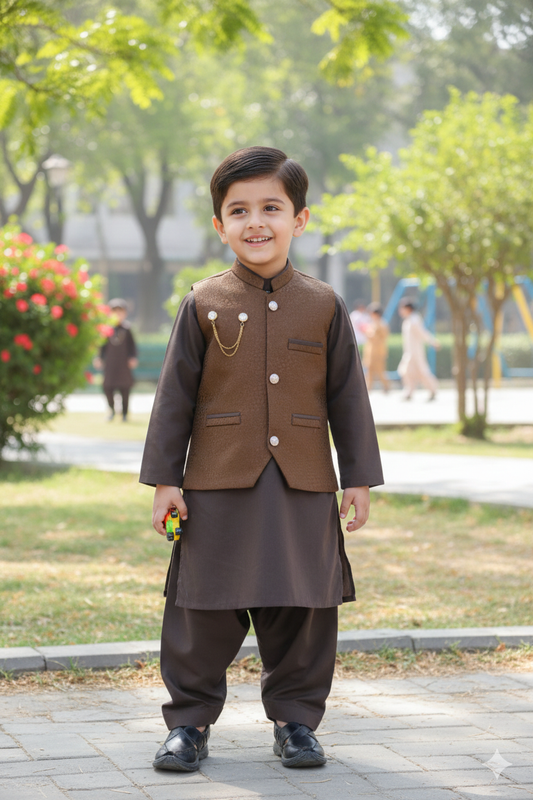 Boys' chocolate brown kurta pajama set with a jamawar waistcoat