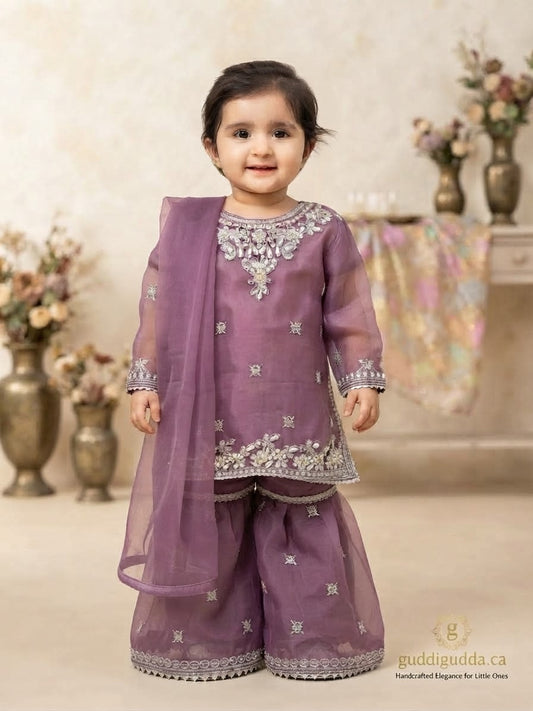 Girls Mauve Embroidered 3-Piece Set: Organza kurta with a pearl-beaded yoke, matching embroidered gharara  and a lightweight dupatta.