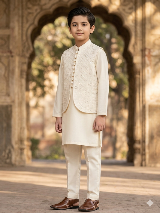 Boys cream cotton kurta pyajama with sequence work matching Waistcoat