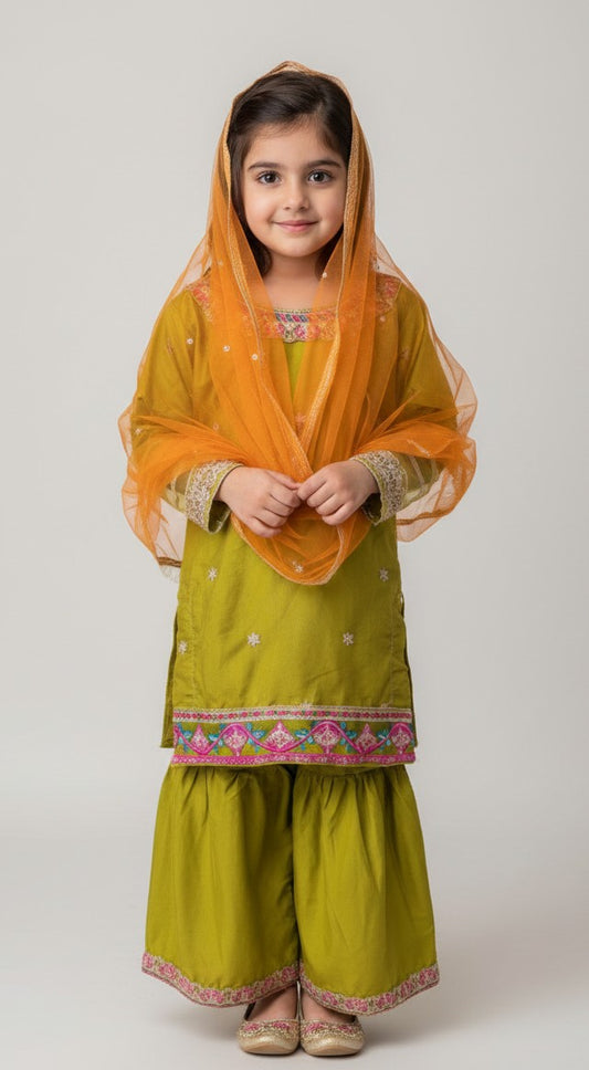 Girls silk embroidered shirt with matching gharara and orange net duapatta