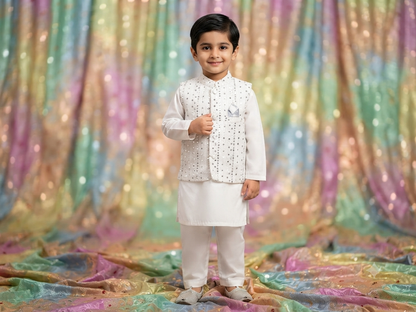 Boys white cotton kurta pyajama with jamawar waistcoat