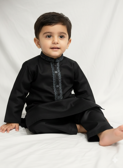 Boys' black neck embroidered kurta and matching pants