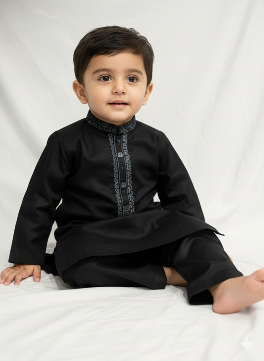 Boys' black neck embroidered kurta and matching pants