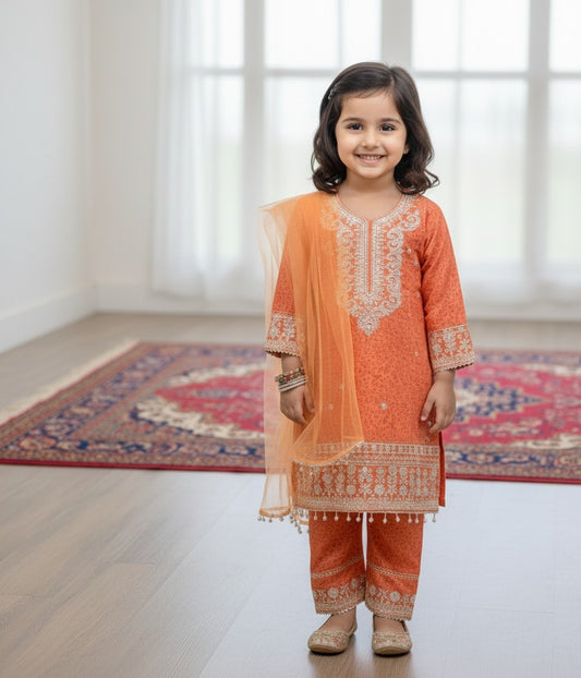 Girls cotton embroidered shirt with matching trouser and net dupatta